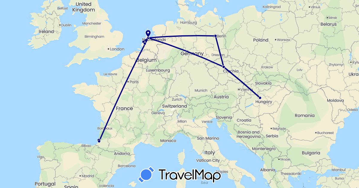 TravelMap itinerary: driving in Czech Republic, Germany, France, Hungary, Netherlands (Europe)